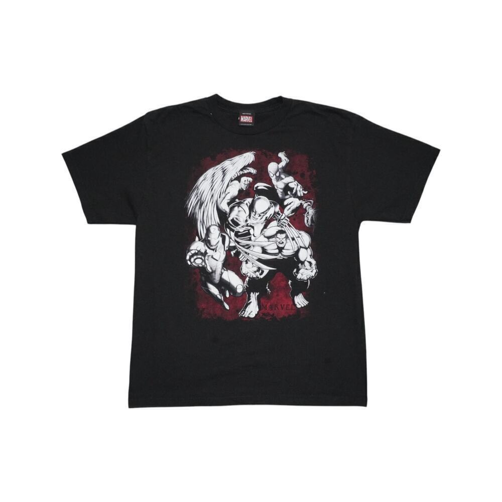 Vintage Marvel Comics Black Graphic Tee – Avengers X-Men Superhero Mashup – XL